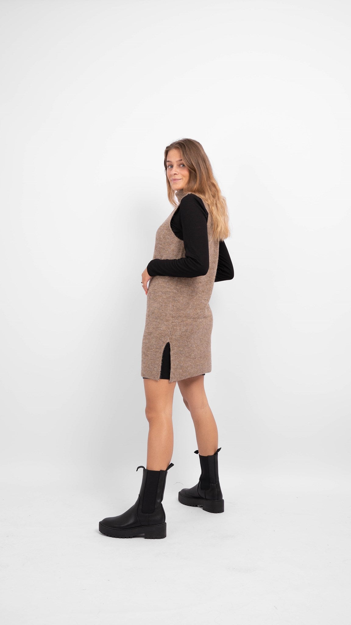 Ellen Long Knit west w. Turtleneck - Fossil - PIECES - Khaki 3