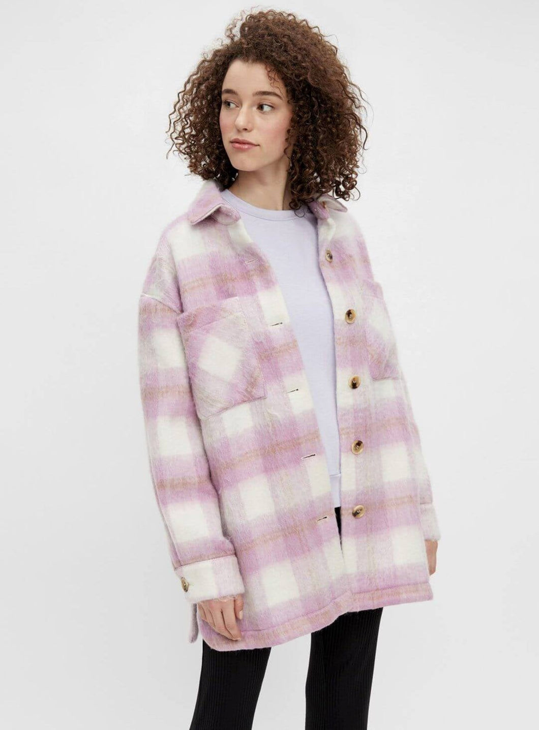 Oversized checkered shacket - Pink - PIECES - Pink