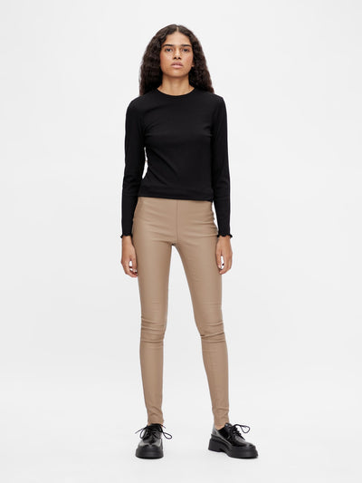 Belle Coated Leggings - Beige - Object - Khaki