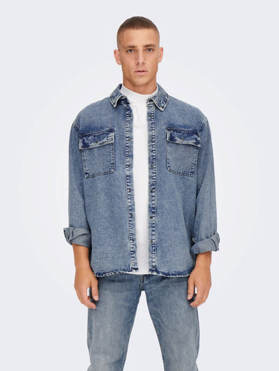 Bill Washed Overshirt - Blue Denim - Only & Sons - Blue 4