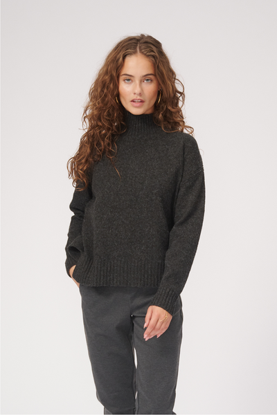 Oversized Knitted Polo-Neck Jumper - Dark Grey Melange - TeeShoppen - Grey 3