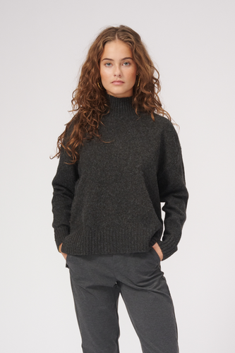 Oversized Knitted Polo-Neck Jumper - Dark Grey Melange - TeeShoppen - Grey