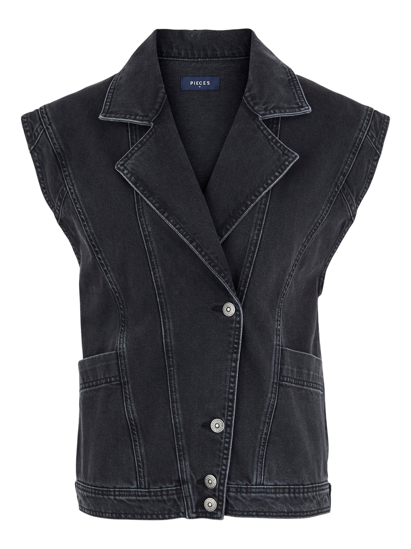 Leah Denim Vest - Black Denim - PIECES - Black