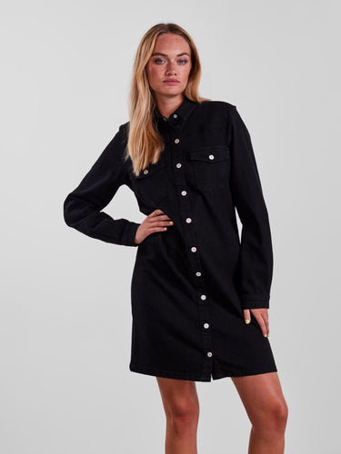 Perry Denim Dress - Black Denim - PIECES - Black