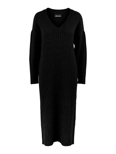 Silla Midi V-Neck Knit Dress - Black - PIECES - Black