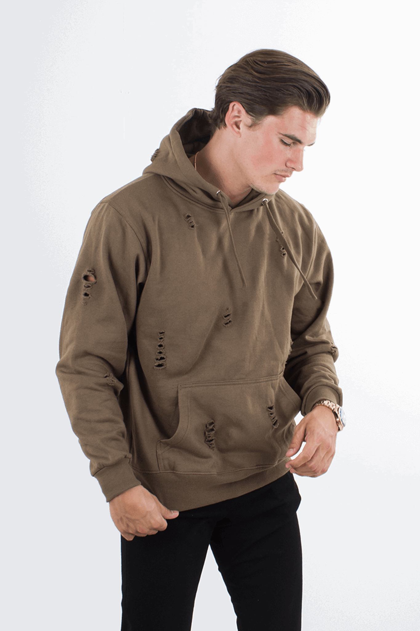 Ripped hoody - Army Green - TeeShoppen - Green