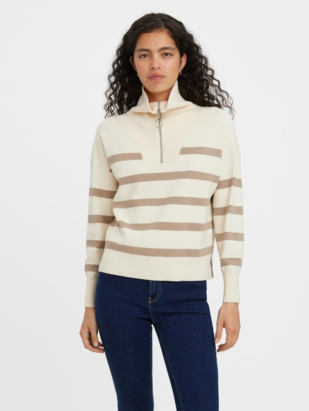 Saba Stripe Half-zip Blouse - Birch Brown - Vero Moda - Khaki