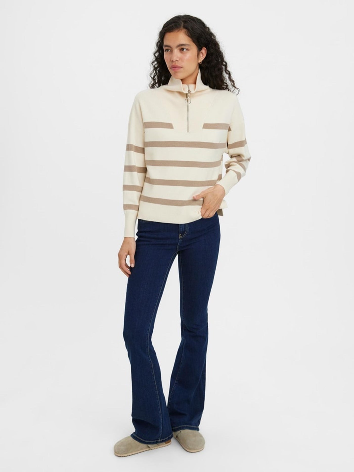 Saba Stripe Half-zip Blouse - Birch Brown - Vero Moda - Khaki 3